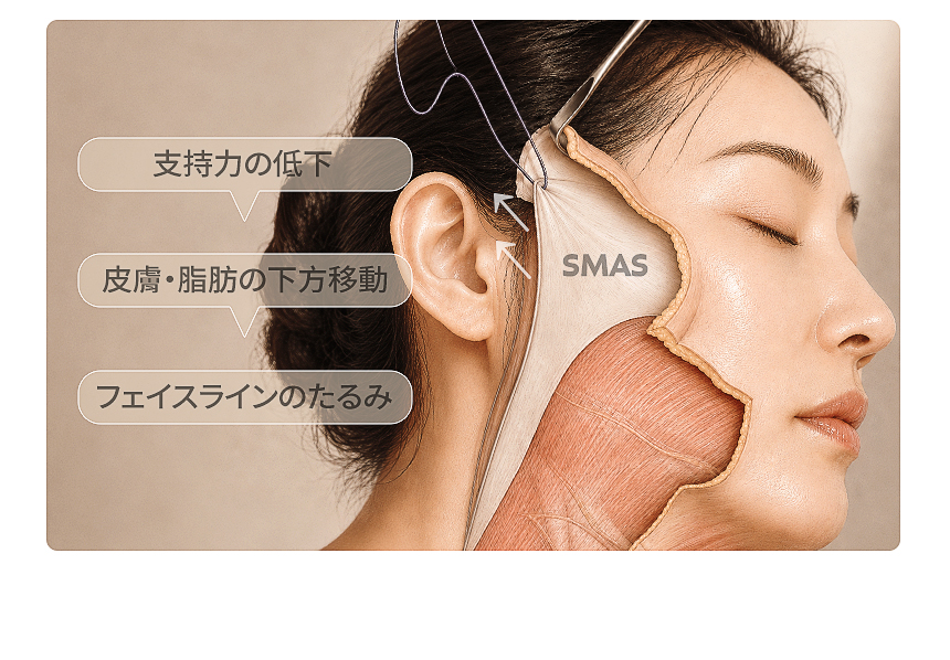 たるみの位置と肌状態を見極め、必要な機器と方向を選びます。